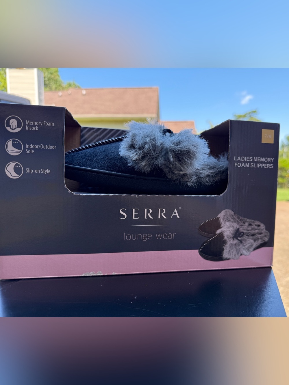 Serra Women's Black Slippers with Gray Faux-Fur Trim